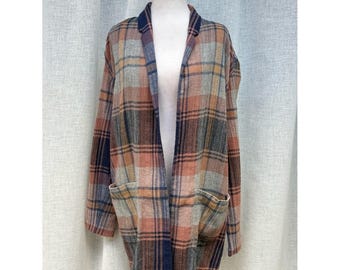1980 Norma Kamali plaid blue orange plaid open front cardigan blazer
