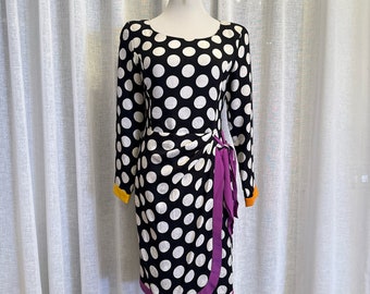 1990’s black and white polka dot wrap style silk dress