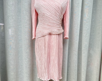 PIERRE LABICHE Micro Pleated Beaded Blush Pink mini party  Dress with glass beaded front