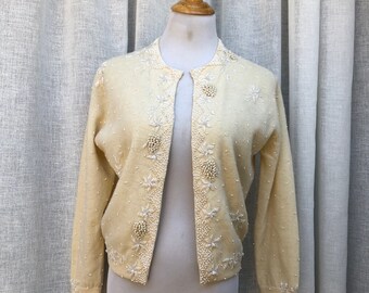1950 butter cream wool rabbit hair cardigan with white beads and faux pearls
