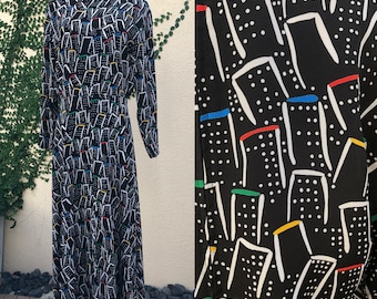 1990 Kathryn Conover black city scape little houses black long sleeve midi dress