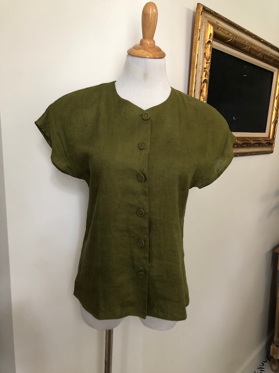 Vintage Ann Taylor olive green linen sleeveless b… - image 2