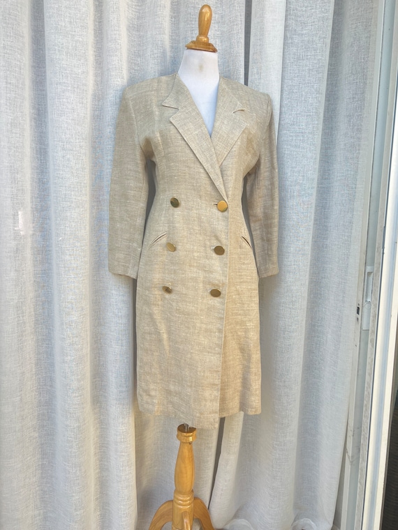 Vintage burlap linen double breasted long sleeve collared coat dress Vintage burlap linen double breasted long sleeve collared coat dress
