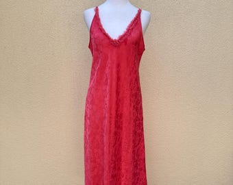 Vintage Oscar de la Renta Pink Label red pink polyester slip on chemise, Sleepwear Lingerie