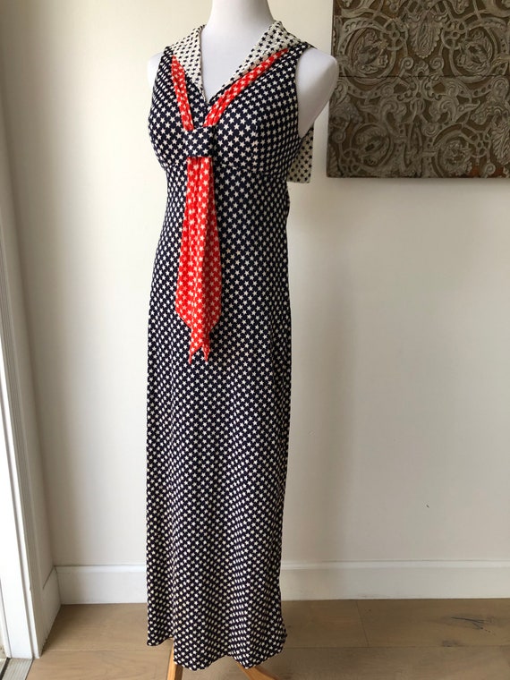 Vintage patriotic maxi summer nylon dress red whi… - image 2