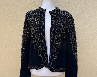Vintage black and beige knitted sweater cardigan with cord embroidery
