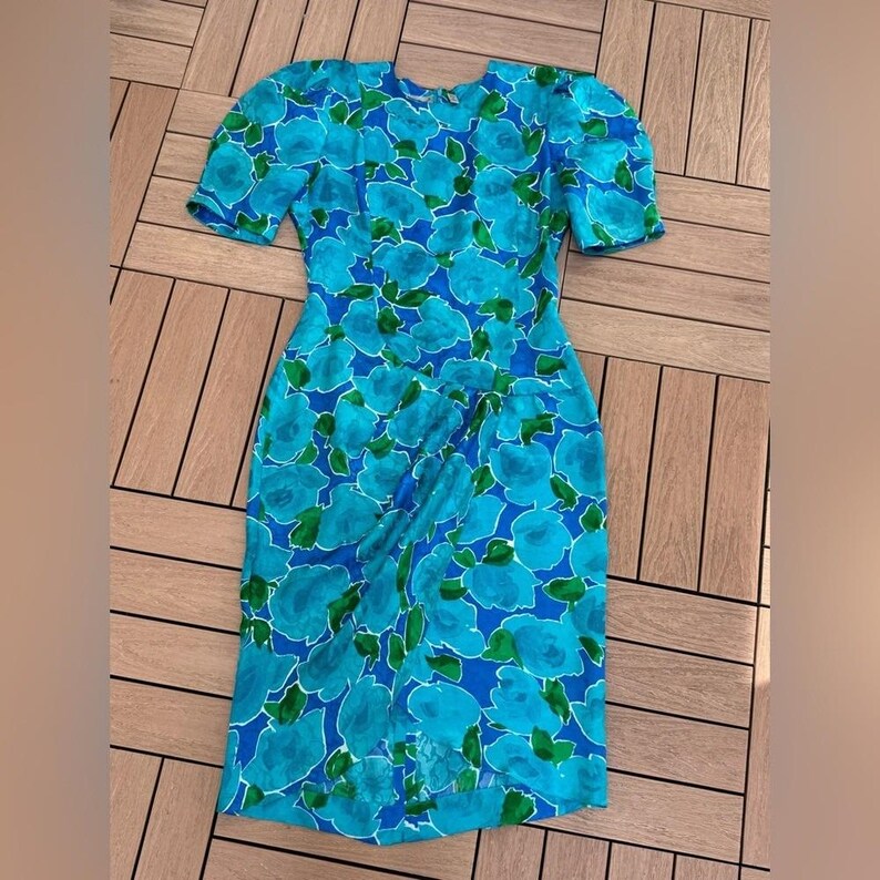Vintage Adrianna Papell blue and green floral silk brocade dress image 8