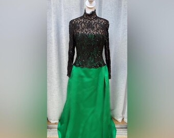 Bob Mackie boutique green black maxi gown dress with floral lace top