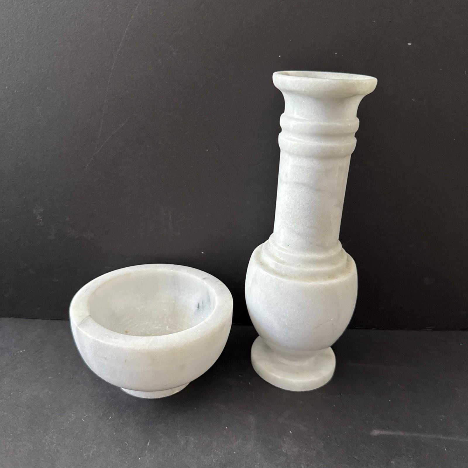 Vintage Carera Marble Carved Decorative Vase And Bowl