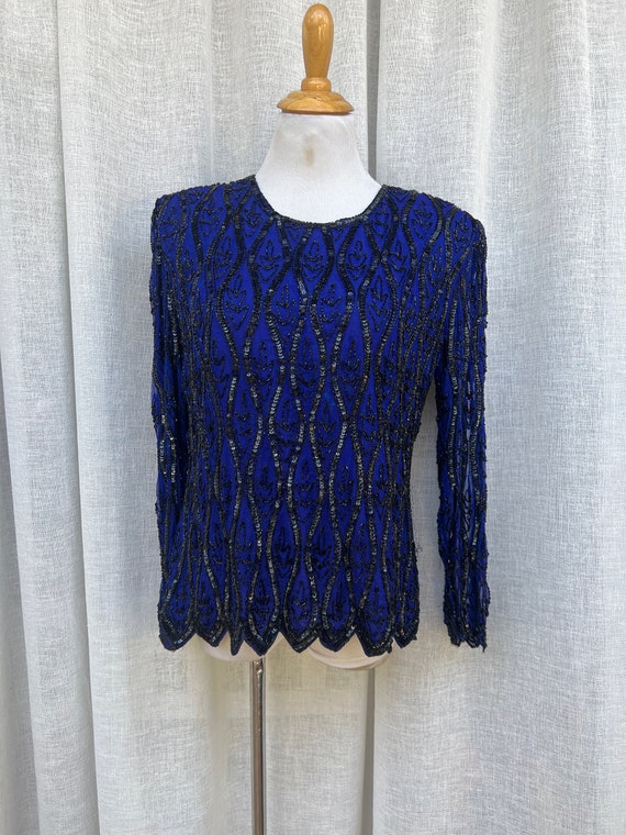 Stenay Silk Beaded Royal Blue Long Sleeve Blouse s