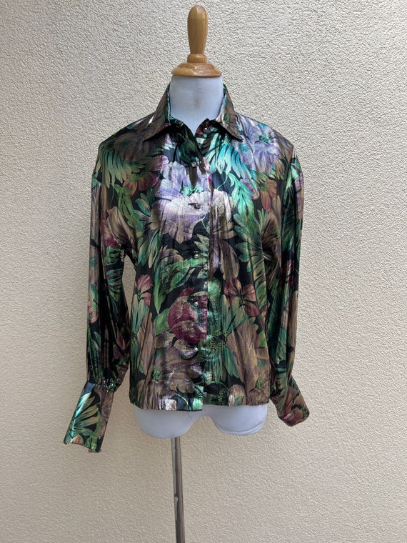 Vintage Floral metallic lame floral button down l… - image 3