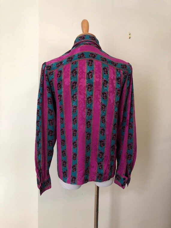 1980’s all silk floral magenta and teal striped n… - image 3