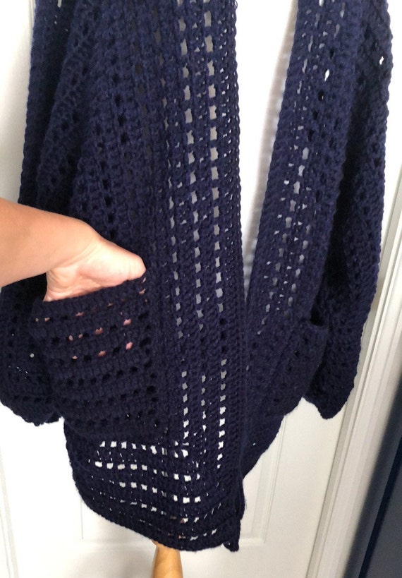 Vintage oversized hand chunky knit crochet navy b… - image 9