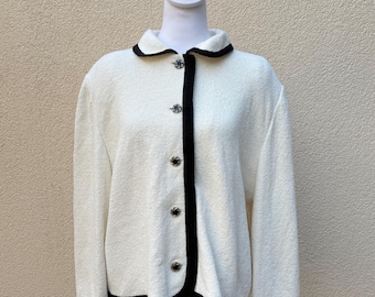 Castleberry Ivory white with gold tone buttons cardigan black trim