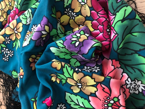 Vintage silk batik flower pattern on black shawls… - image 6