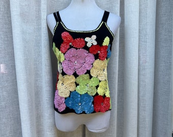 2000s Black viscose knit blend stretchy Crewneck tank top with multicolor sequin and gemstone floral design