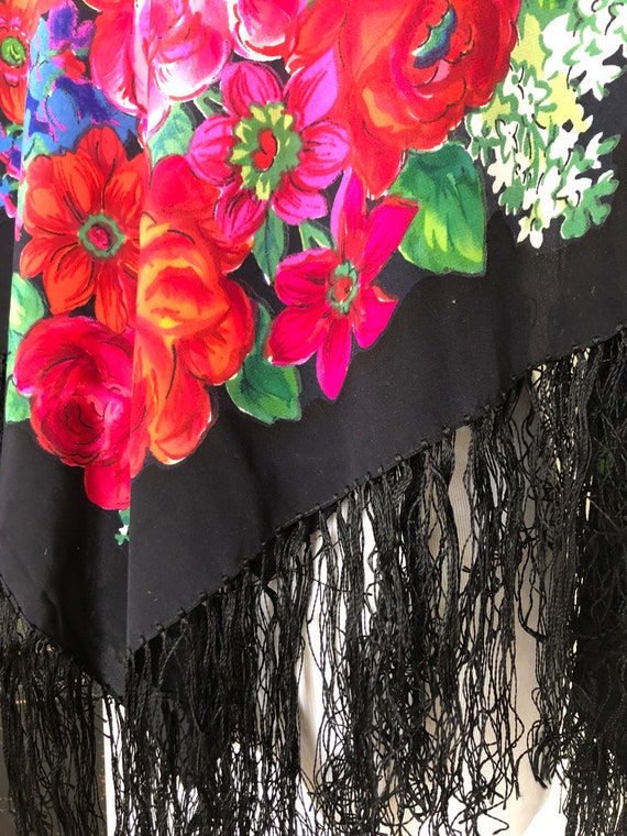 Vintage silk batik flower pattern on black shawls… - image 5