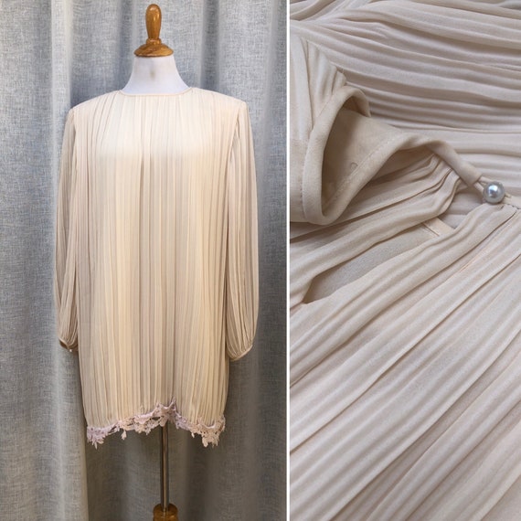 Liz Roberts Pleats Plisse Long Sleeve Mini Shift Dress, Lace Bottom Trim -  Etsy