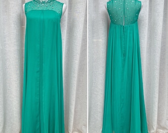 1960’s Empire royal evening maxi gown with Crystal Beading In Turquoise Aqua green