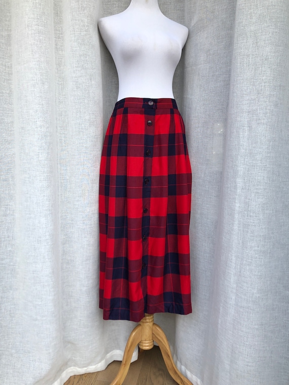 Vtg CHAUS red blue plaid front buttoned Maxi skirt - image 2