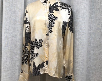 Louis Féraud floral satin  silk button down cream and black abstract print color blouse