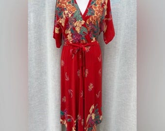 Vintage Red short sleeve v neck floral dress