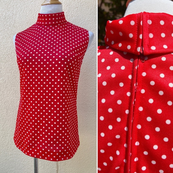 1960 Red and White Polkadot Turtleneck Sleeveless… - image 1