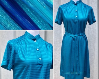 1960's Bright Blue Nylon horizontal stripe short sleeve polo dress with a loose belt