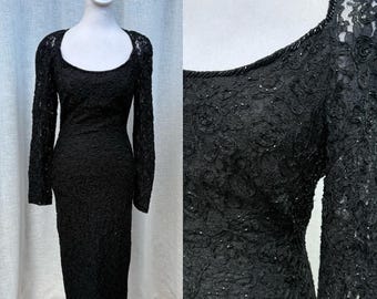 Carmen Marc Valvo black lace beads long sleeve open back event dress