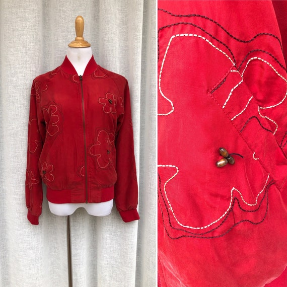 Vintage Anne Carson Red embroidered silk Bomber Ja