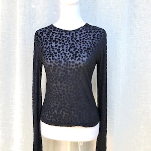 Vintage Nap Black cheeta textured stretch velvet  sheer long sleeve top