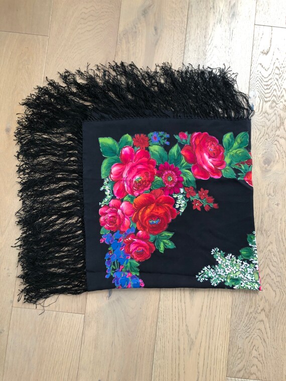 Vintage silk batik flower pattern on black shawls… - image 7