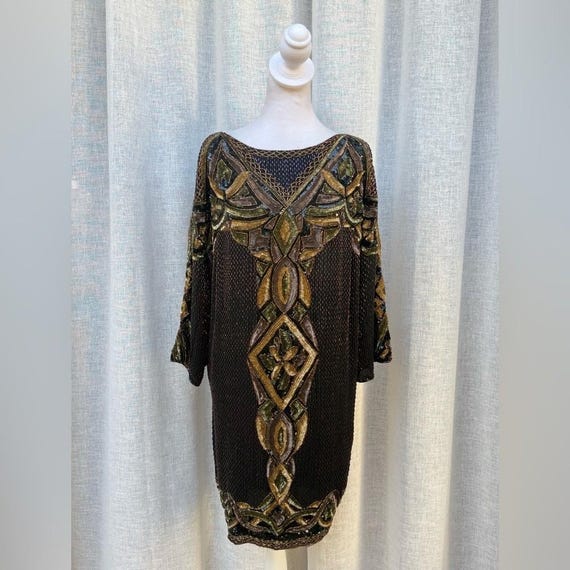 oleg cassini sage beaded dress Allover Beaded Short Sleeve Midi Dress