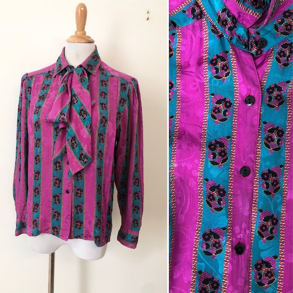 1980’s all silk floral magenta and teal striped n… - image 1