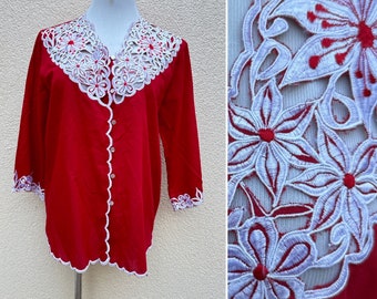 1970’s Blouse by Shopping International in Bright Red color with White floral Embroidered collar