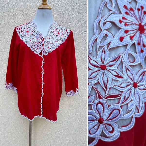 1970’s Blouse by Shopping International in Bright Red color with White floral Embroidered collar