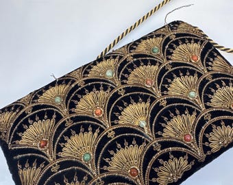 Vintage Black Velvet with gold gemstones embroidery Clutch Mini Evening Bag