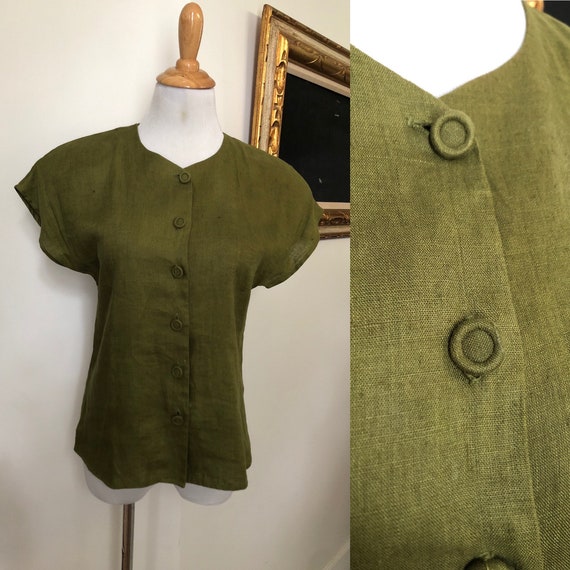 Vintage Ann Taylor olive green linen sleeveless b… - image 1
