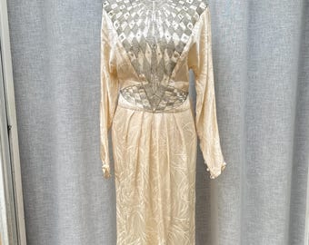 Francesca of Damon Starington Beads & Crystal Embellished Long Sleeve Ivory Maxi Dress