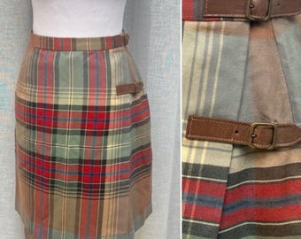 Ralph Ralph Lauren vintage plaid tartan mini wool skirt leather straps