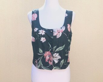 Jane Tise Collection cotton floral button down sleeveless crop top