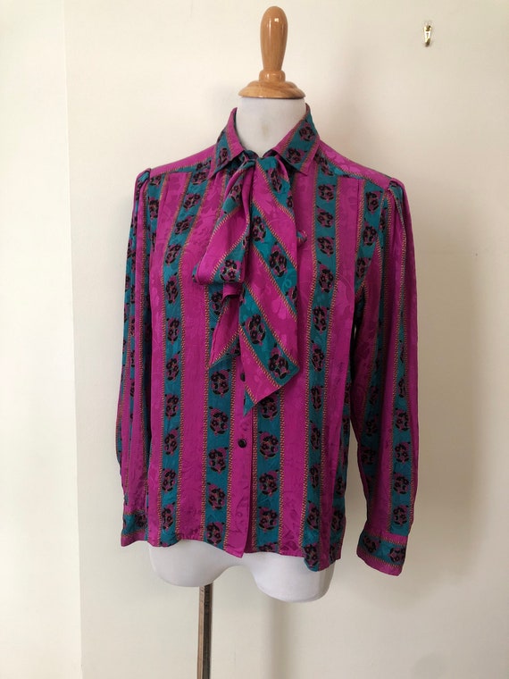 1980’s all silk floral magenta and teal striped n… - image 2