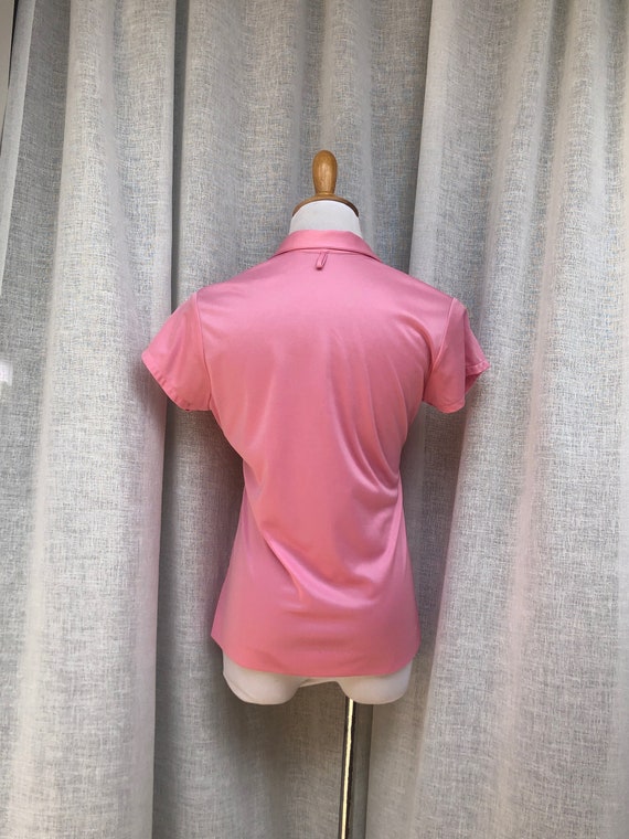 1960 pink stretch polyester button down short sle… - image 6