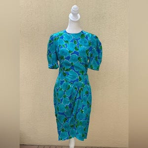 Vintage Adrianna Papell blue and green floral silk brocade dress image 2