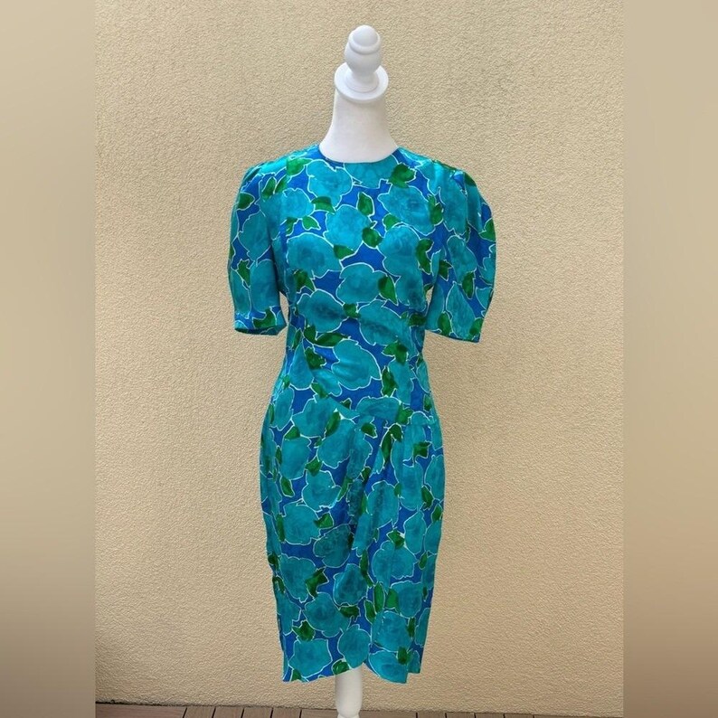 Vintage Adrianna Papell blue and green floral silk brocade dress image 2