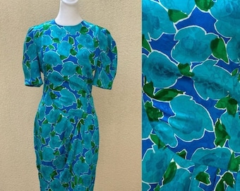 Vintage Adrianna Papell blue and green floral silk brocade dress