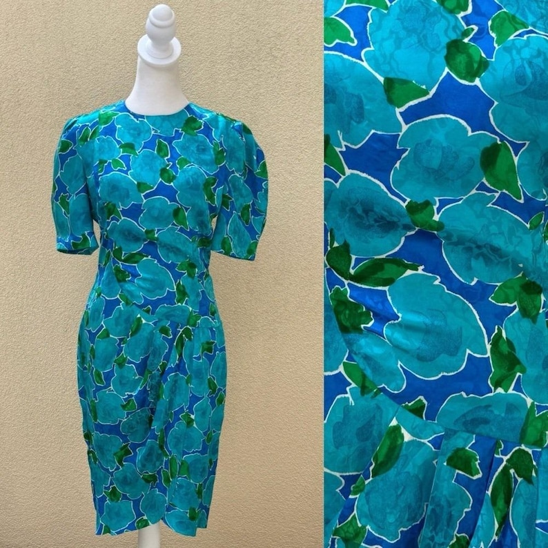 Vintage Adrianna Papell blue and green floral silk brocade dress image 1