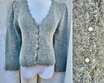 I.B.DIFFUSION Scalloped Hem Silk/Angora Button Down Cardigan