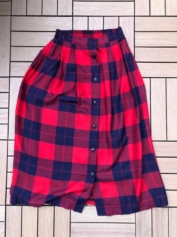 Vtg CHAUS red blue plaid front buttoned Maxi skirt - image 8