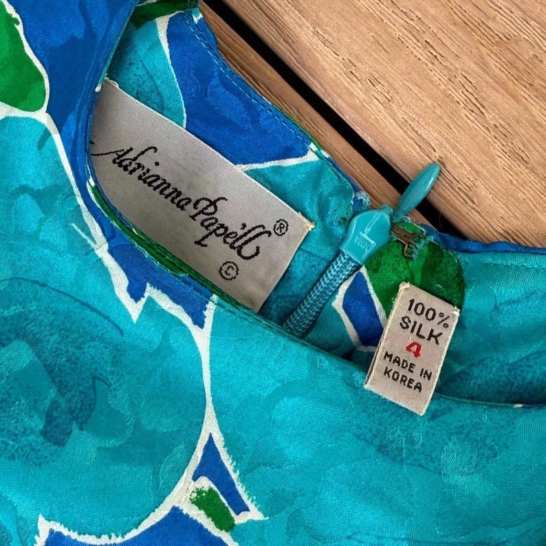 Vintage Adrianna Papell blue and green floral silk brocade dress image 9